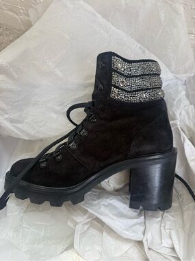 Jimmy Choo Black Suede Lace-Up Swarovski crystal Cuff Block Heel Combat Boots
